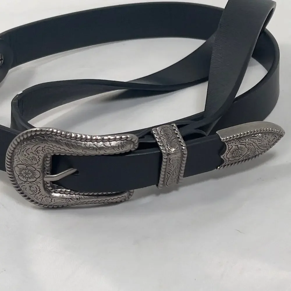 Black Western Style Faux Leather Double Buckle Belt Silver Hardware Unisex 34